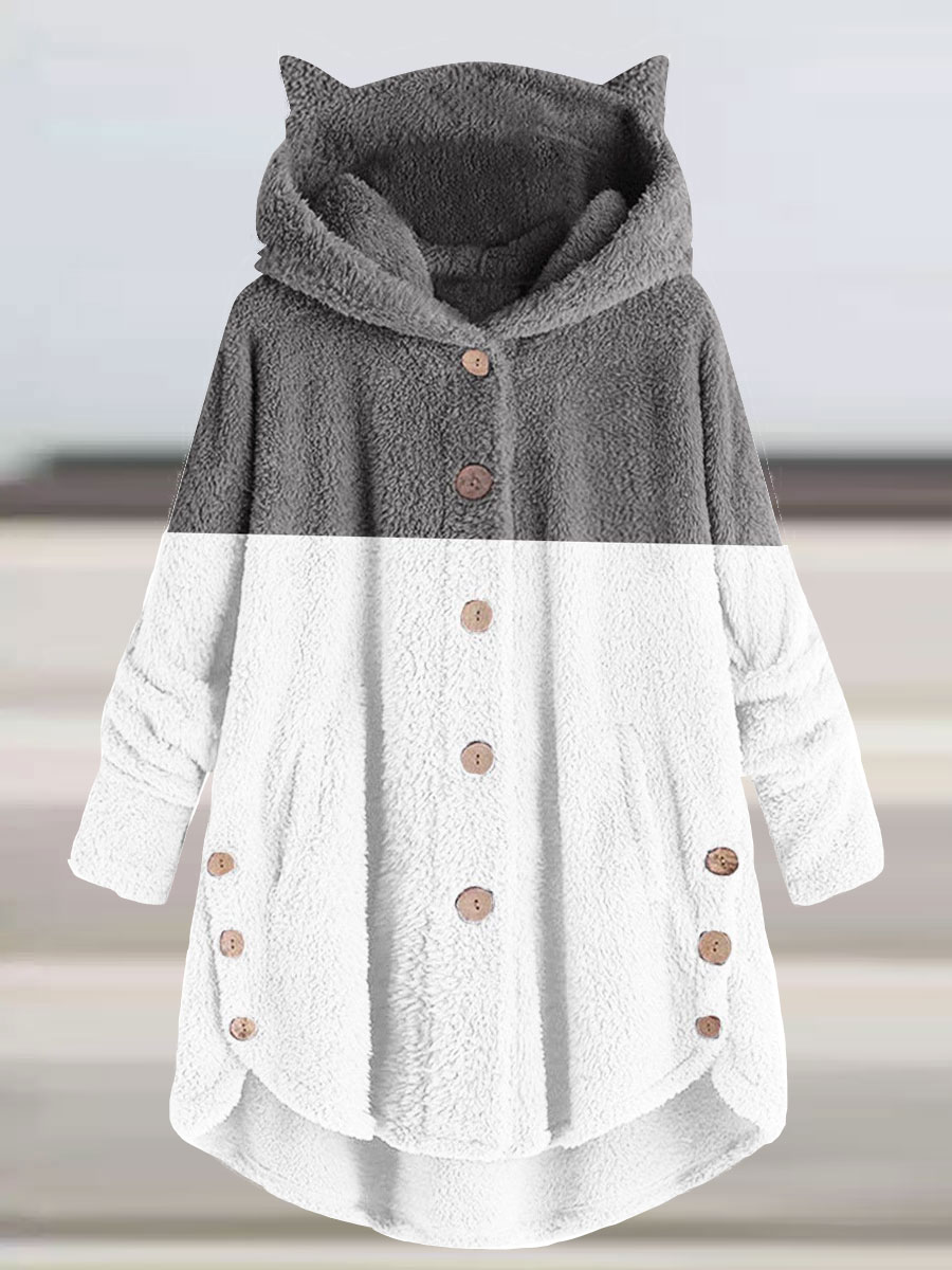 Casual Loose Zip Colorblock Plush Hooded Cardigan Coat
