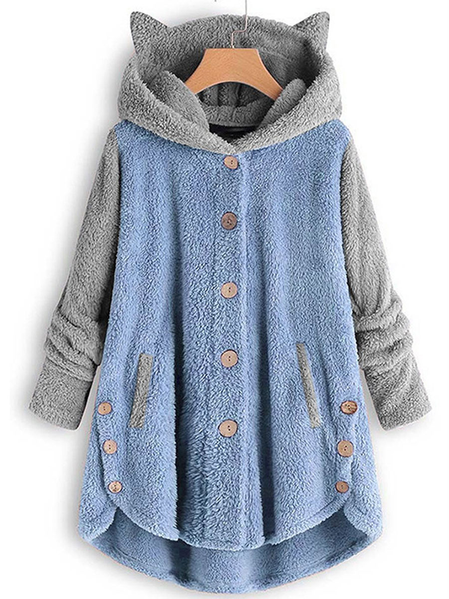 Casual Oversized Single-breasted Colorblock Chic Plush Hooded Coat