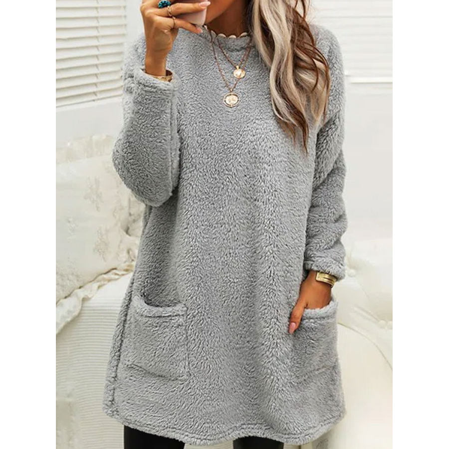 

Round Neck Casual Loose Plush Long Sleeve Short Dress