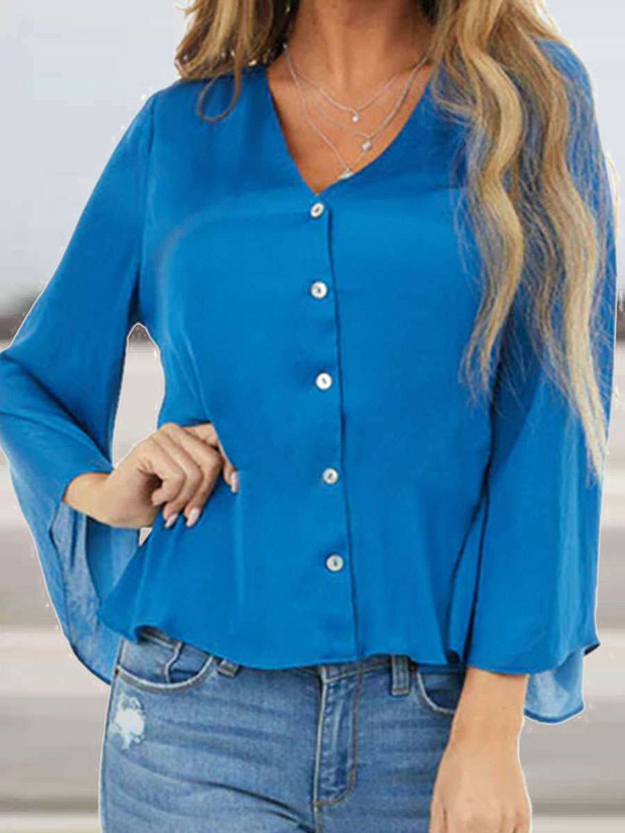 V neck Casual Loose Single Breasted Solid Color Long Sleeve Blouse