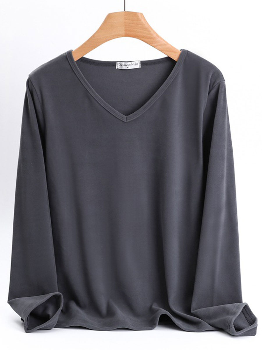 V neck Casual Loose Solid Color Long Sleeve T shirt