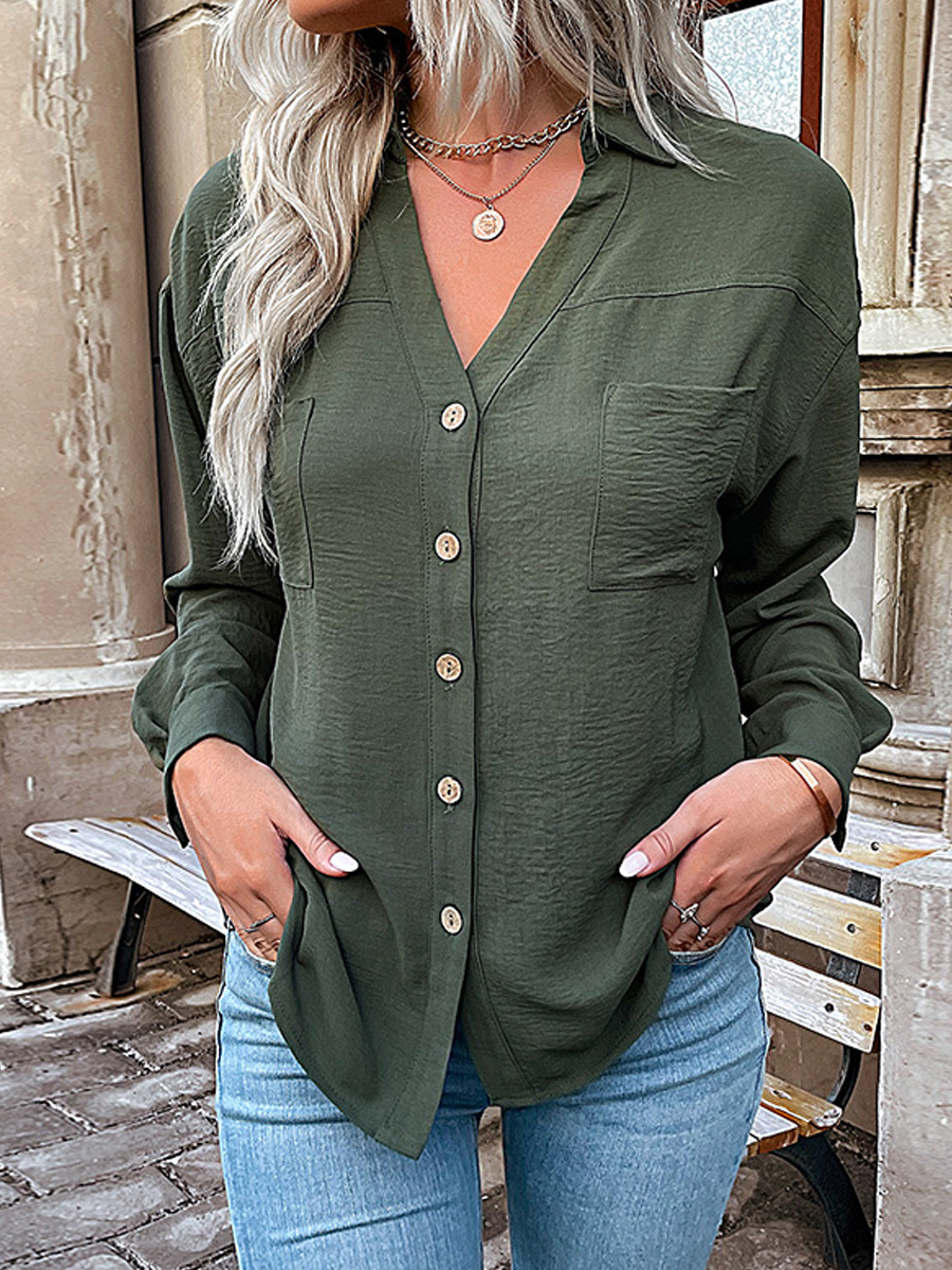Casual Solid Color Lapel Pocket Long Sleeve Shirt