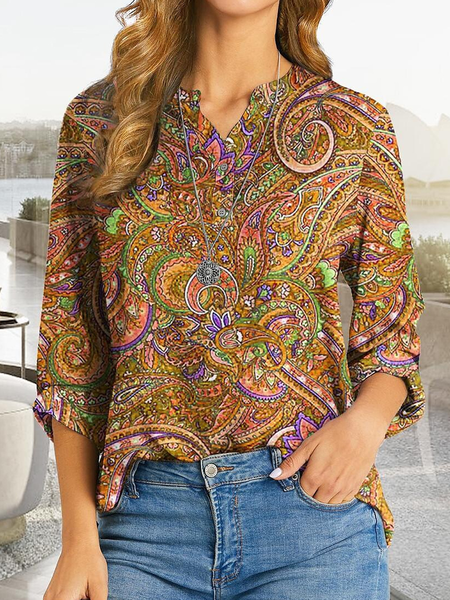 Casual Vintage Print Button V Neck Long Sleeve Blouse