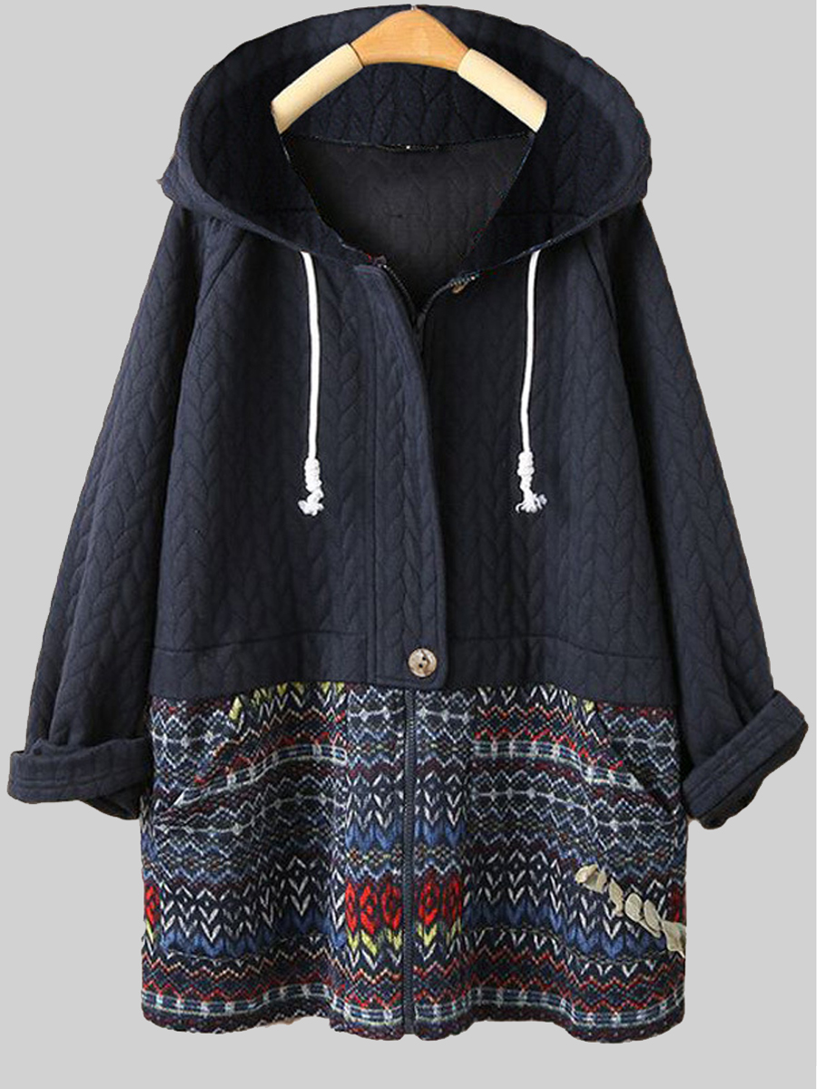 Vintage Patchwork Long Sleeve Hooded Coat