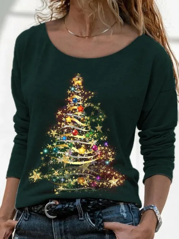 Casual Christmas Print Crew Neck Long Sleeve T-Shirt - Ininrubyclub.com 