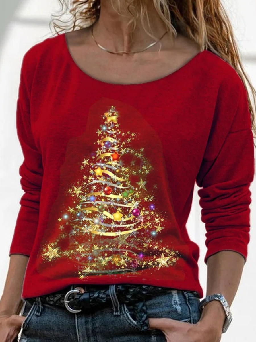 Casual Christmas Print Crew Neck Chic Long Sleeve T-shirt