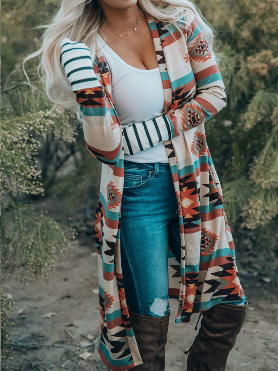 Casual Loose Geometric Check Print Long Sleeve Cardigan
