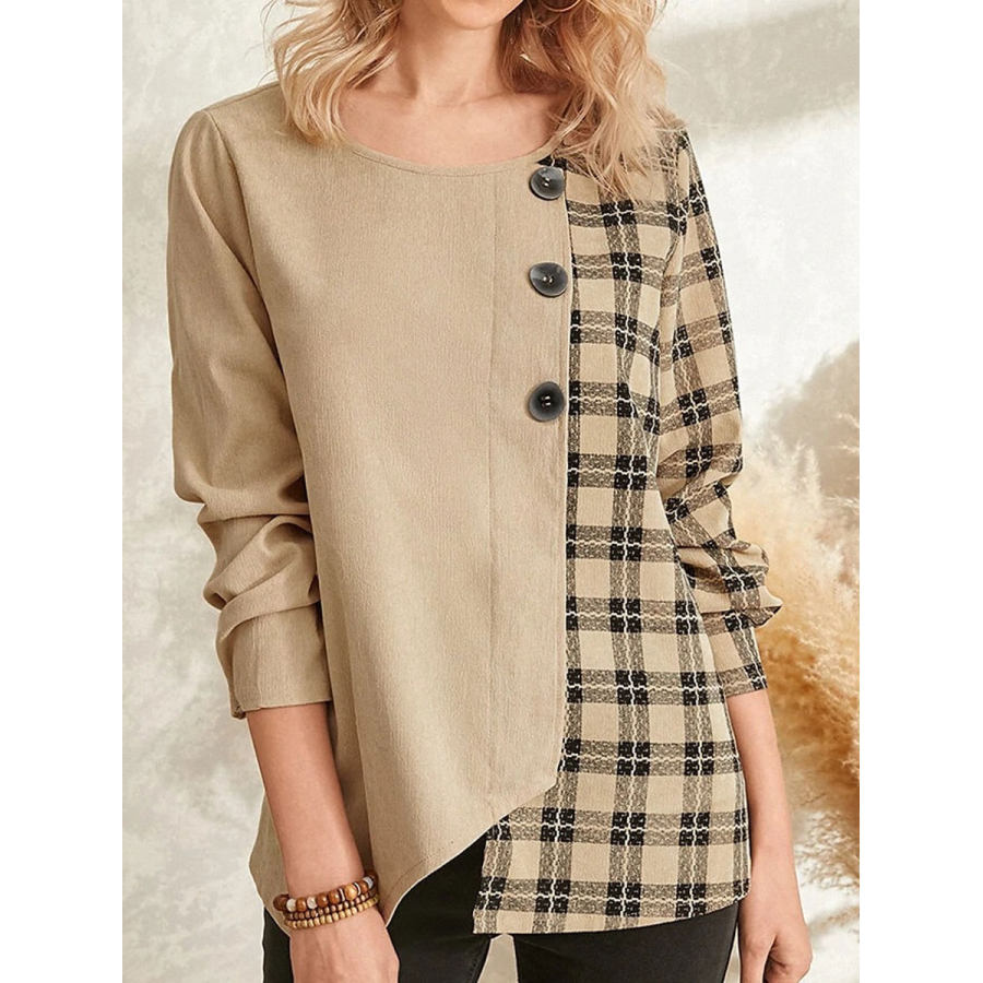 

Round Neck Casual Loose Check Print Long Sleeve Blouse