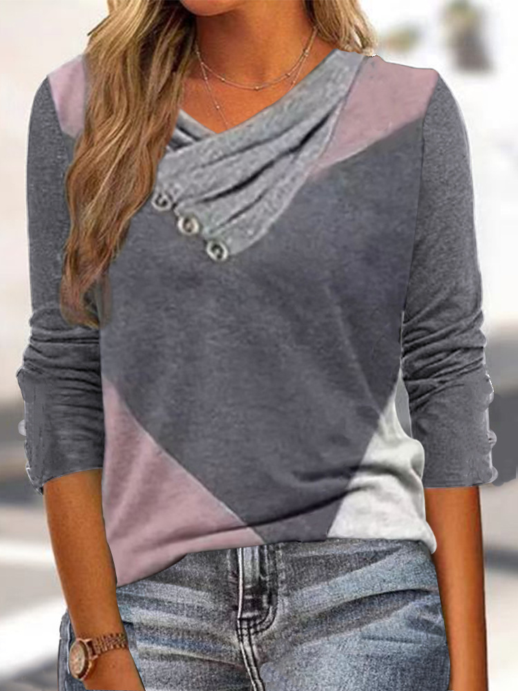 V neck Casual Loose Panel Long Sleeve T shirt