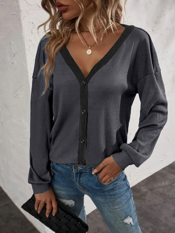 V neck Casual Loose Contrast Long Sleeve T shirt