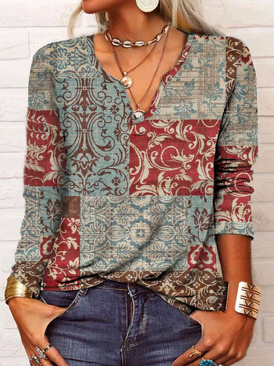 V-neck Casual Loose Vintage Print Chic Long Sleeve T-shirt