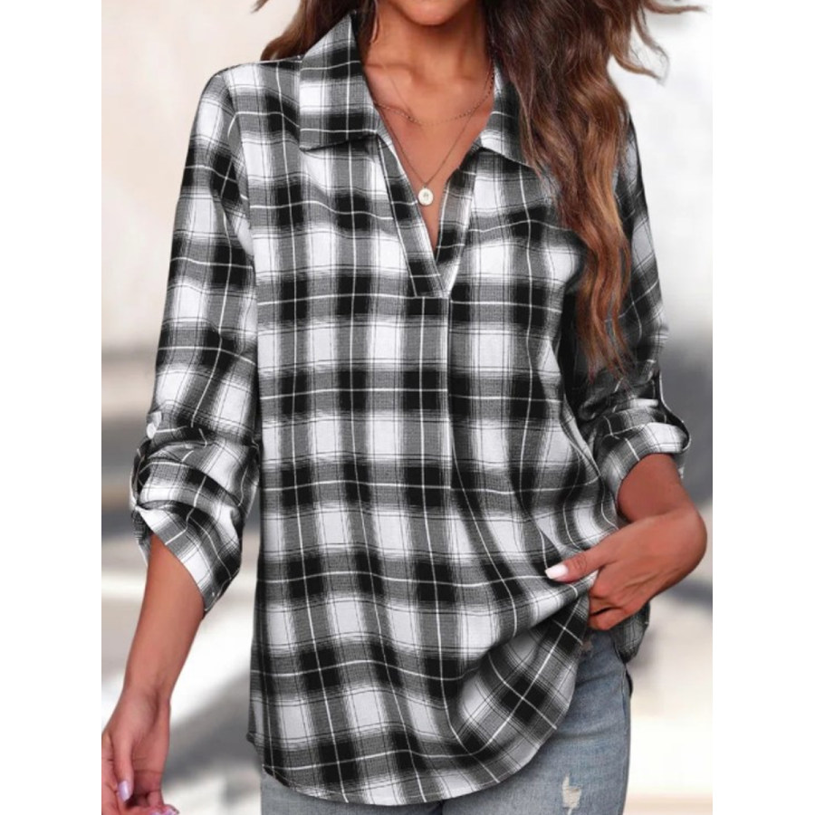 

Vintage Check Print V-Neck Long Sleeve Shirt