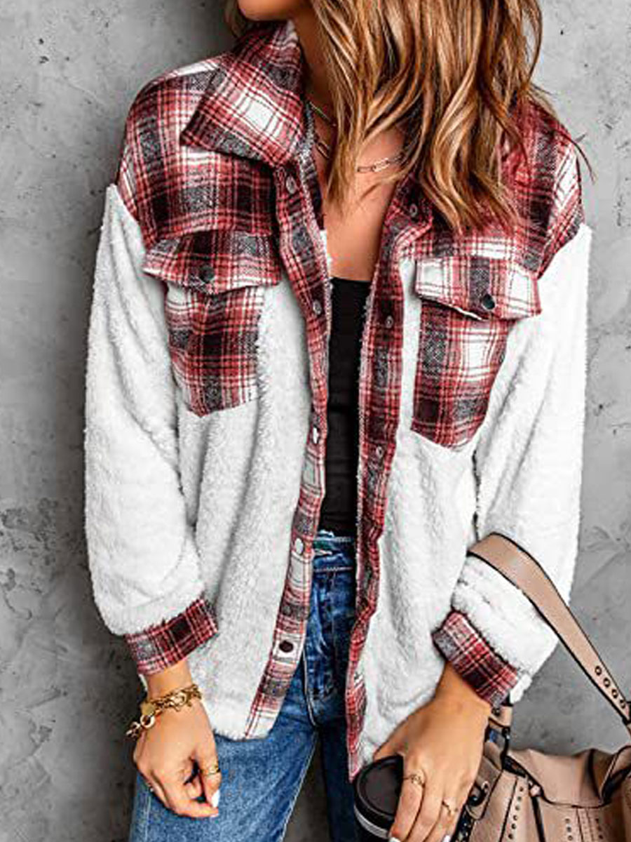 Casual Loose fitting Plaid Lambswool Panel Single breasted Coat