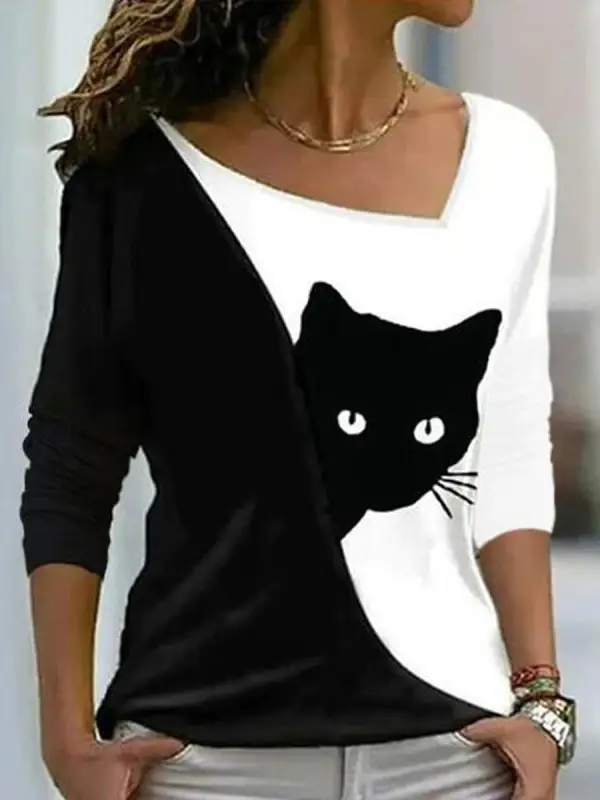 V-neck Casual Loose Cat Print Long Sleeve T-shirt - Ininrubyclub.com 