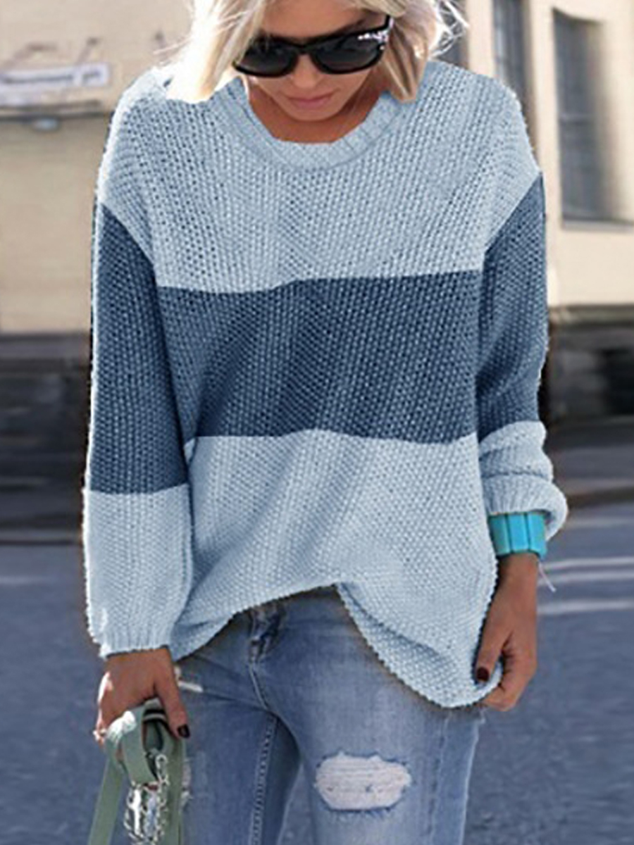 Casual Colorblock Crewneck Long Sleeve Sweater