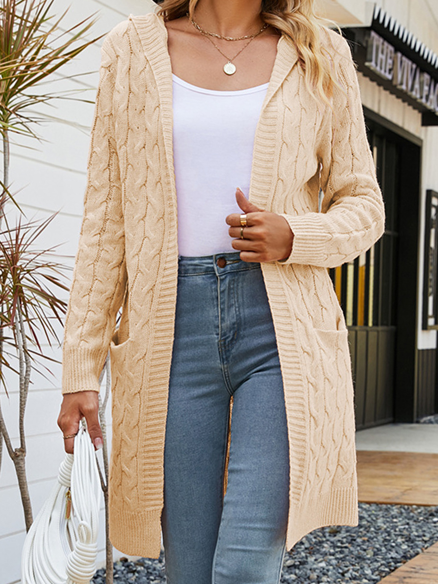 Vintage Solid Hooded Pocket Long Sleeve Sweater Cardigan