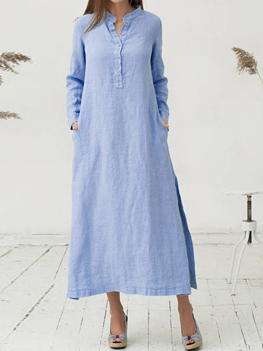 Casual Loose Vintage Stand Collar Long Sleeve Shirt Maxi Dress