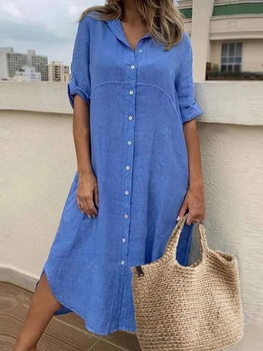Casual Loose Solid Color Lapel Long Sleeve Midi Dress