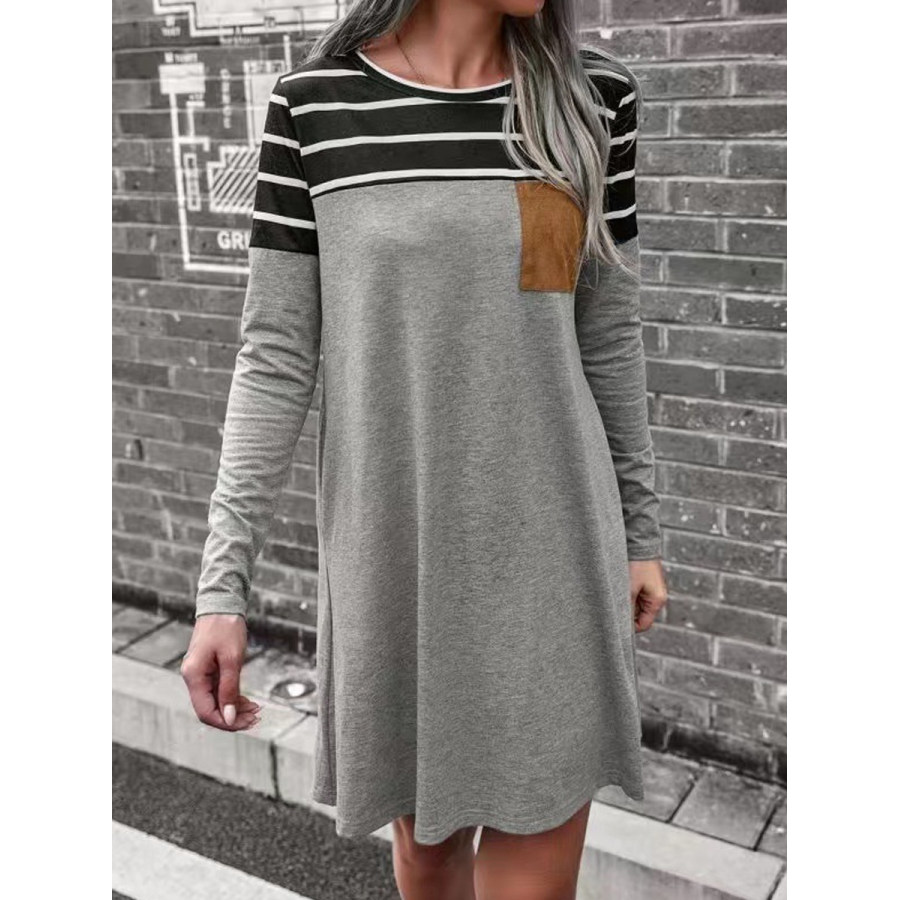 

Casual Loose Striped Panel Long Sleeve Short Dress