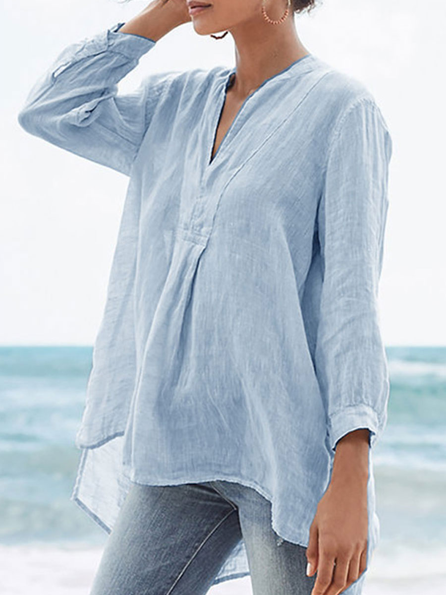 V neck Loose Casual Solid Color Long sleeved Blouse