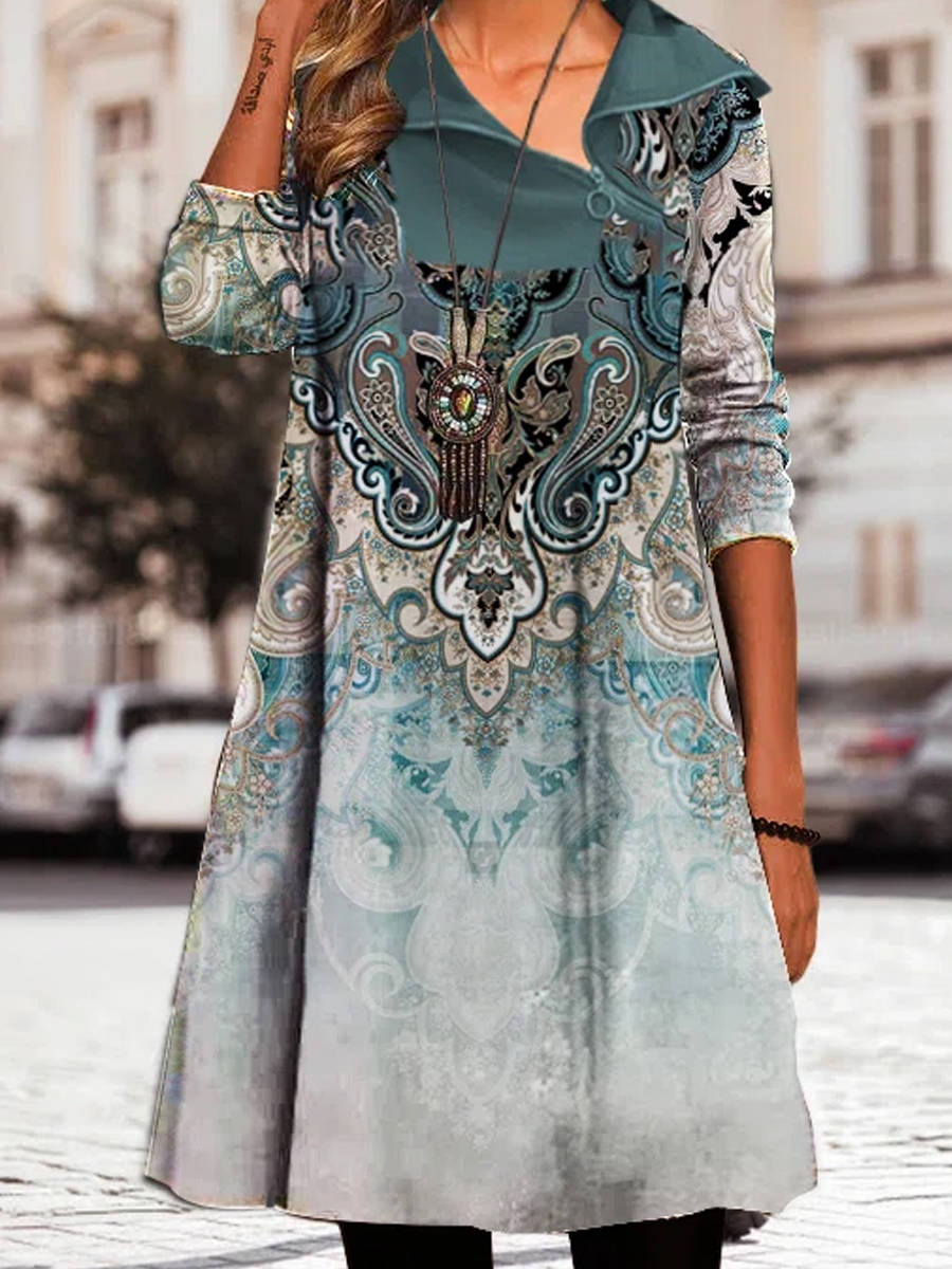 Vintage Print Zipper Long Sleeves Short Dress
