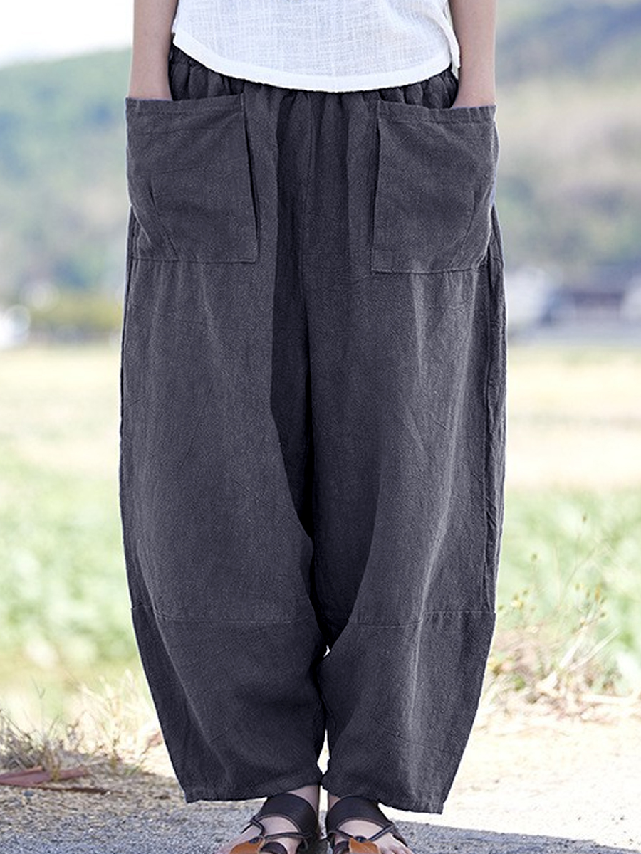 Vintage Casual Solid Color Pocket Straight Pants