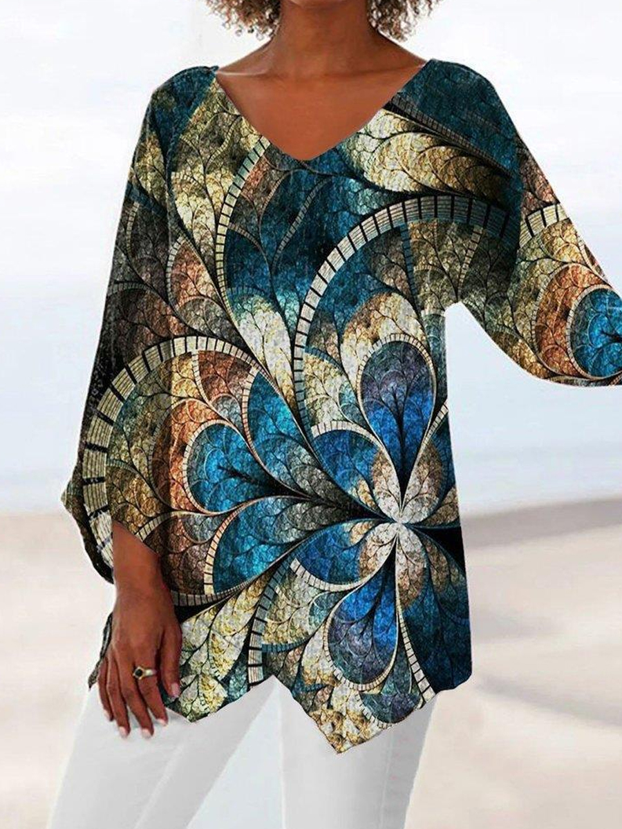 Casual Vintage Print V Neck Long Sleeve Blouse