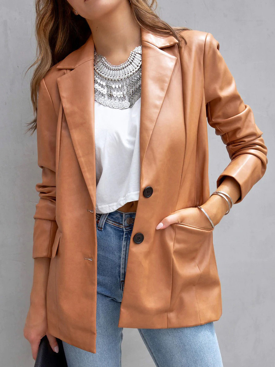 Casual Solid Lapel Pocket Long Sleeve Leather Blazer