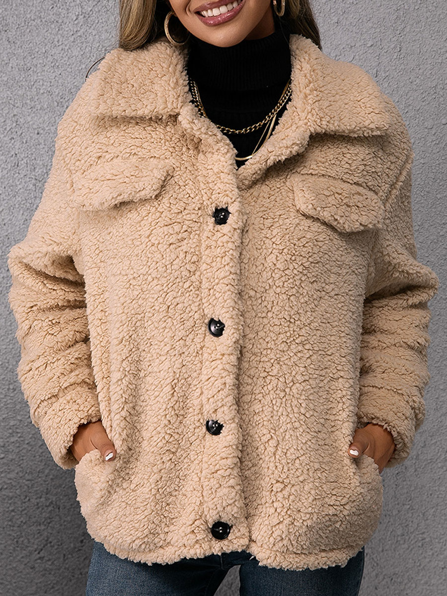 Casual Loose Solid Lamb Wool Single Breasted Coat