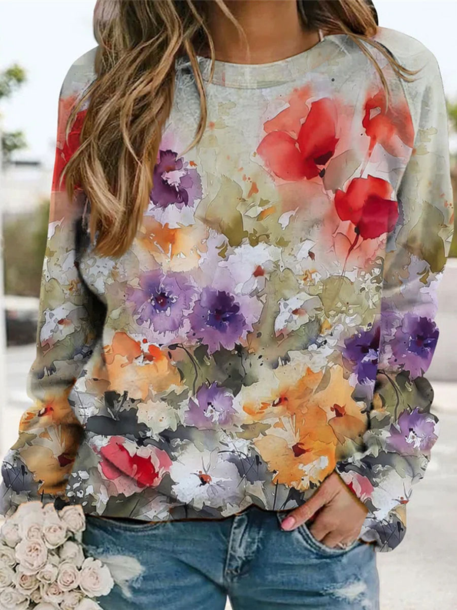 Round Neck Casual Loose Floral Print Sweatshirt