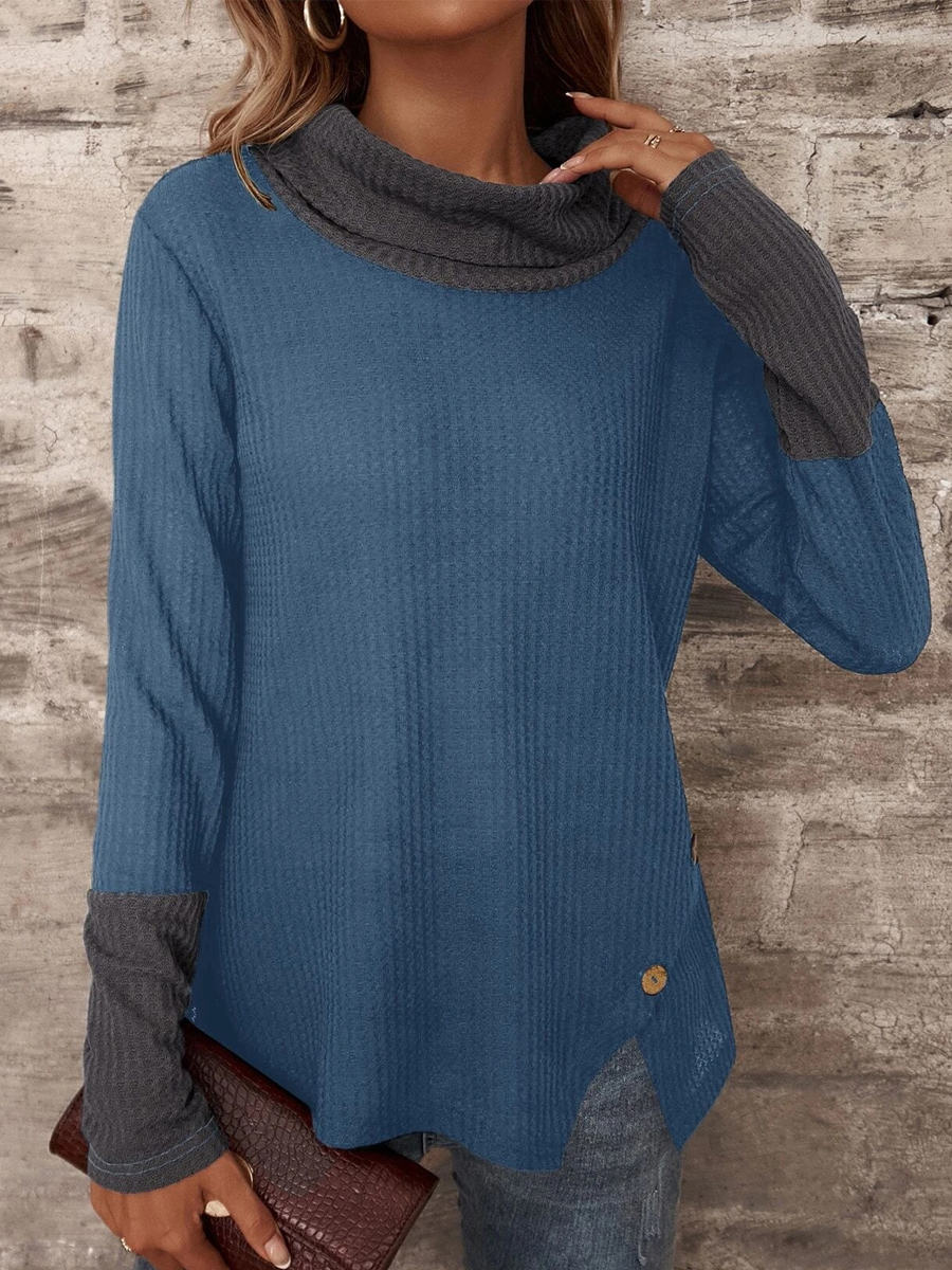 Casual Solid Color Paneled Waffle Half Turtleneck Long Sleeve T Shirt