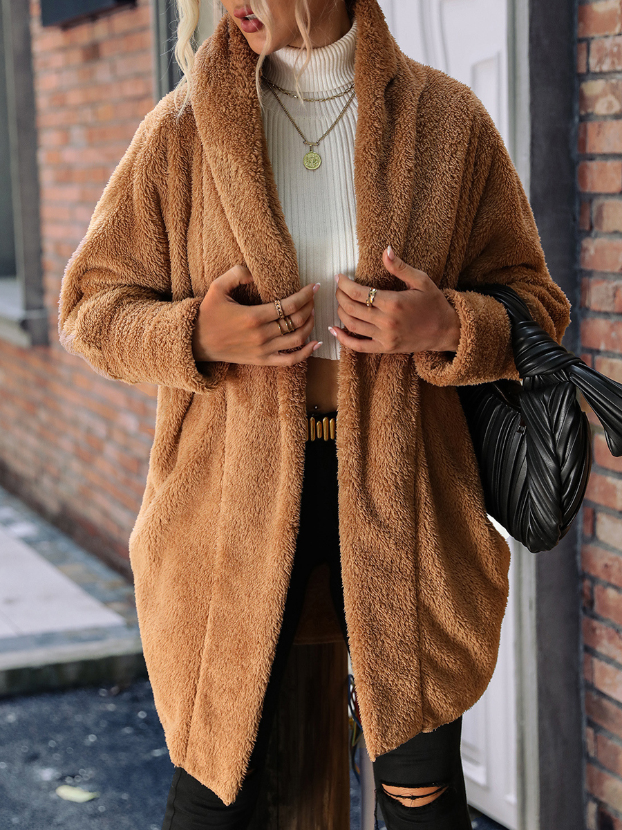 Loose Casual Solid Color Chic Plush Buttonless Lapel Long Sleeve Coat