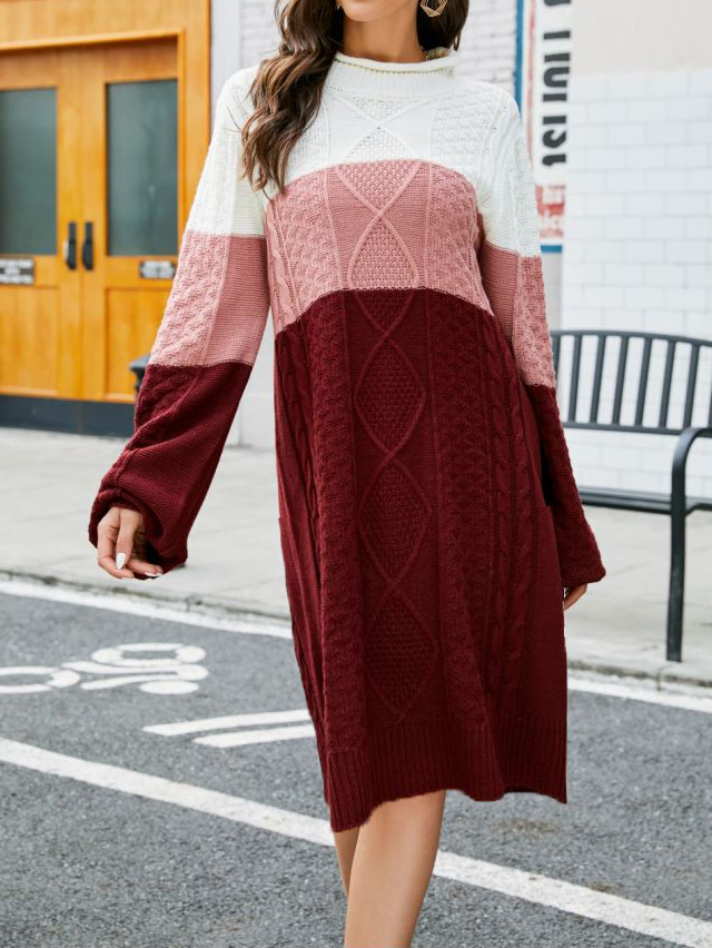Casual Loose Striped Panel Sweater Midi Dress