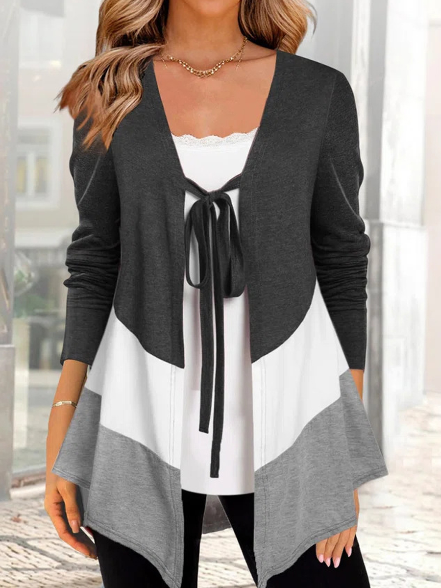 Casual Colorblock Tie Long Sleeve Shirt