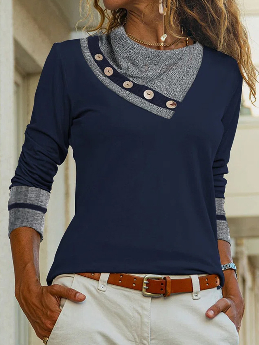 Casual Solid Color Patchwork Chic Lapel Long Sleeve T-shirt