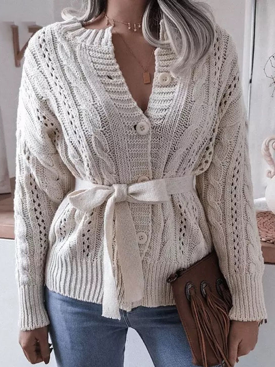 Casual Loose Solid Color Lace Up Sweater Cardigan