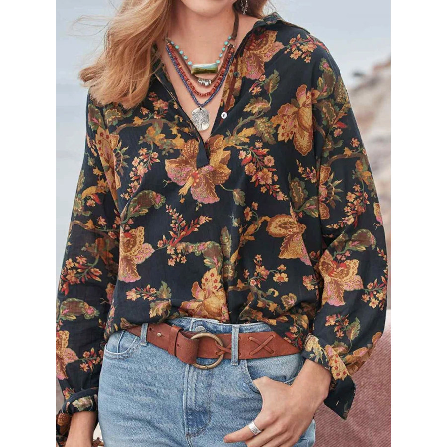 

Casual Vintage Print V Neck Long Sleeve Blouse