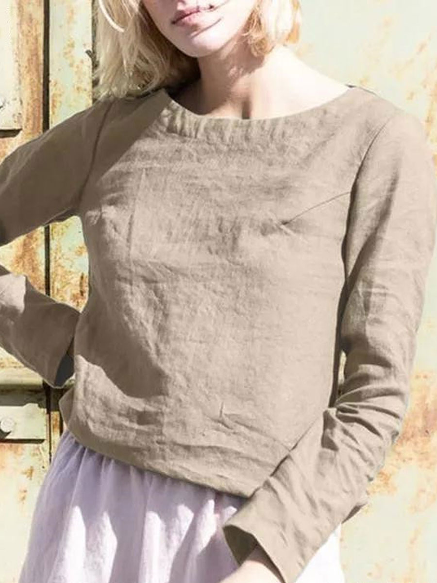 Round Neck Loose Casual Solid Color Long Sleeve Blouse