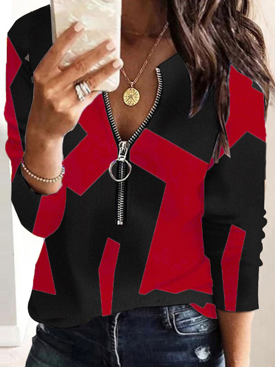 Round Neck Zip Loose Casual Geometric Print Long Sleeve T shirt