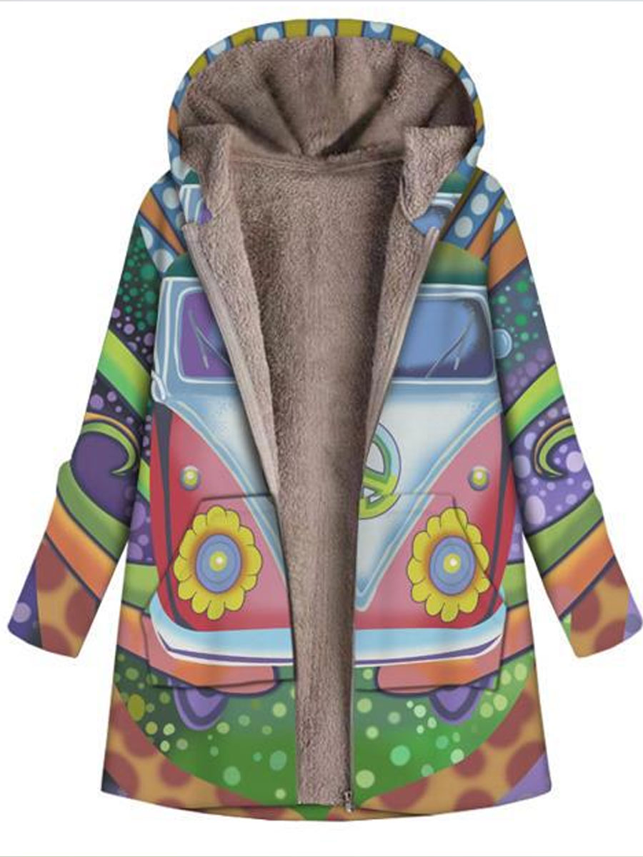 Casual Oversized Botanical Print Cardigan Zip Hooded Coat