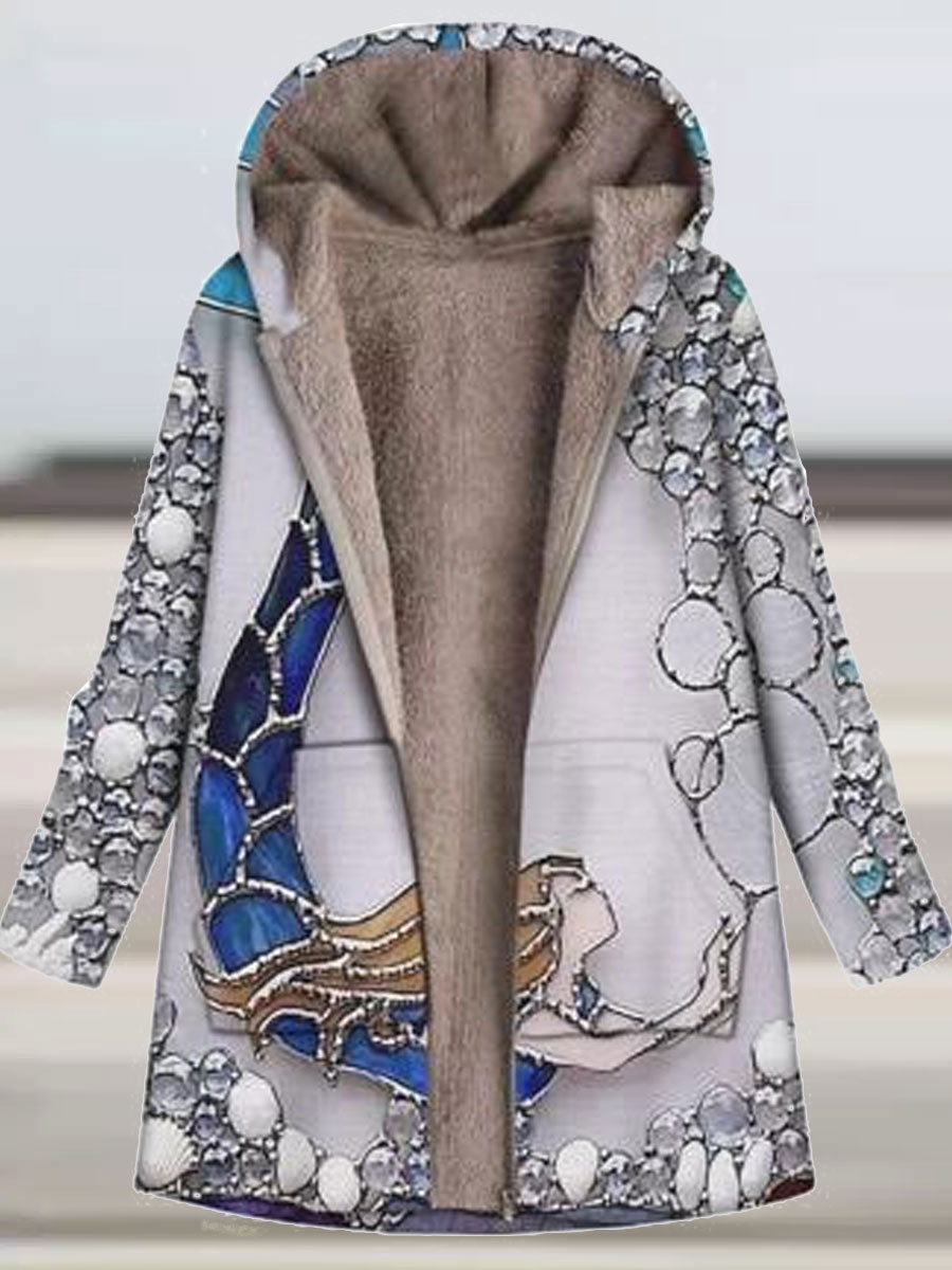 Casual Oversized Printed Fleece Zip Hooded Coat