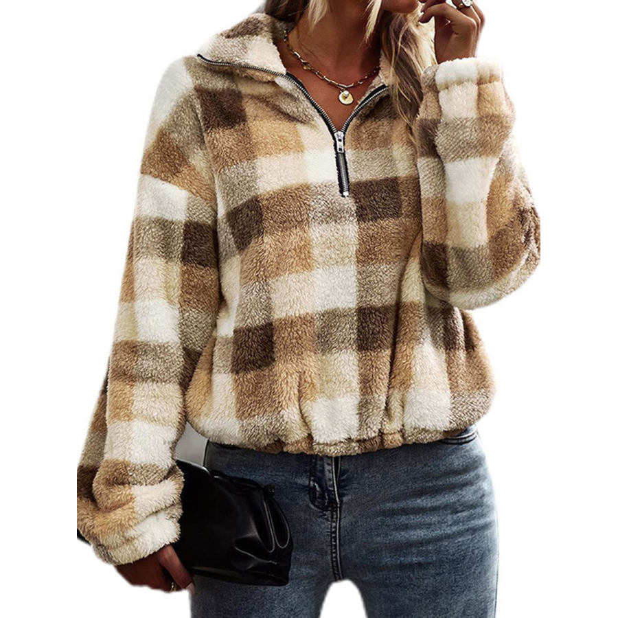 

Polo Collar Casual Loose Plush Panel Zip Coat