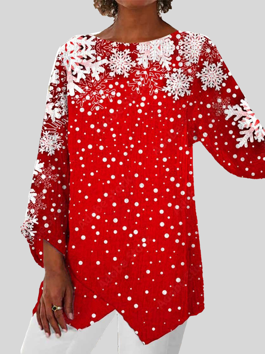 Casual Christmas Print Crew Neck Long Sleeve Blouse