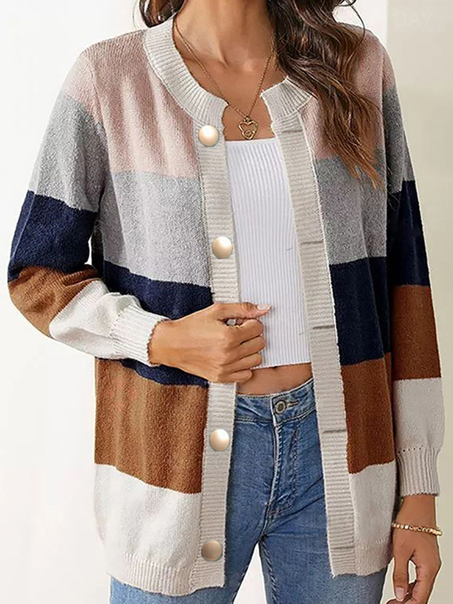 Casual Colorblock Crewneck Sweater Cardigan