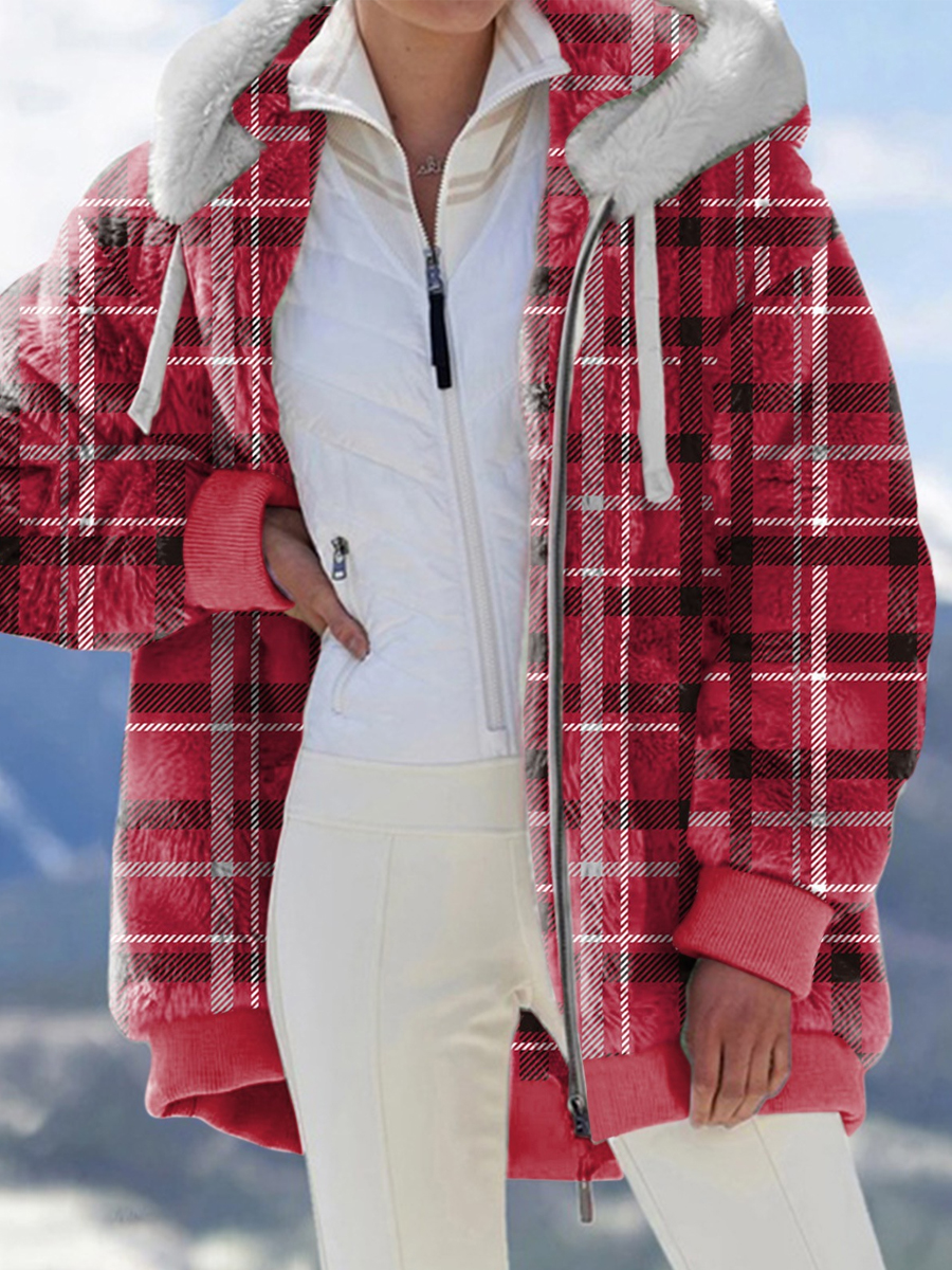 Loose Casual Colorblock Warm Plush Hooded Coat