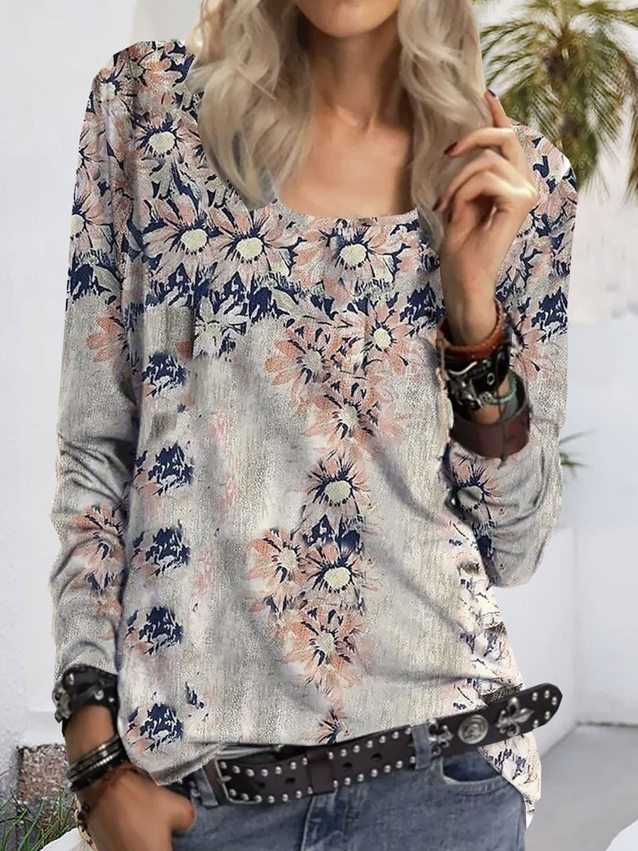 Round Neck Casual Loose Floral Print Long Sleeve T shirt