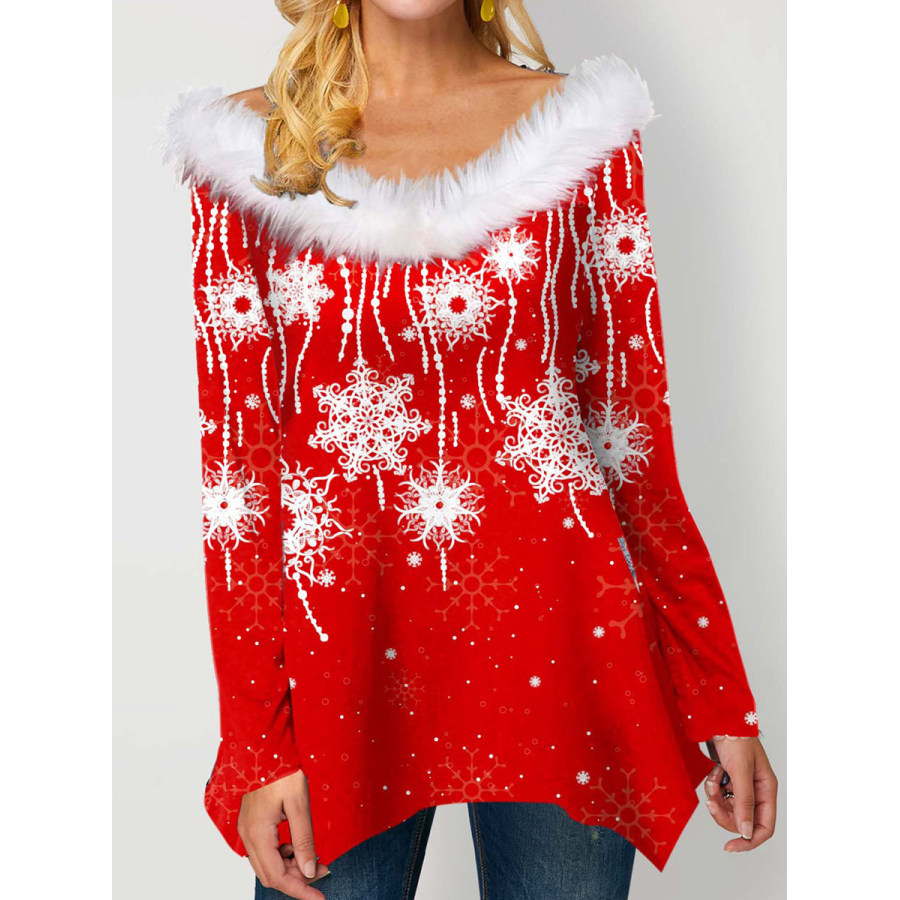

Casual Christmas Snowflake Print Panel V-Neck Long Sleeve T-Shirt