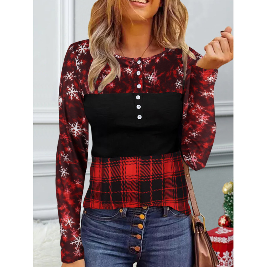 

Casual Check Panel Christmas Print Crew Neck Long Sleeve T-Shirt