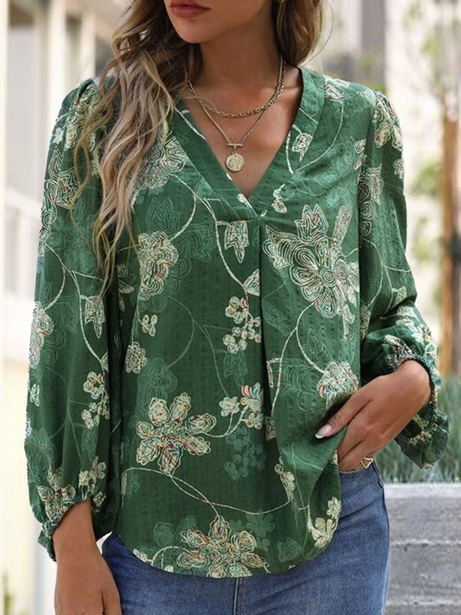 V neck Loose Casual Embroidered Long Sleeve Blouse