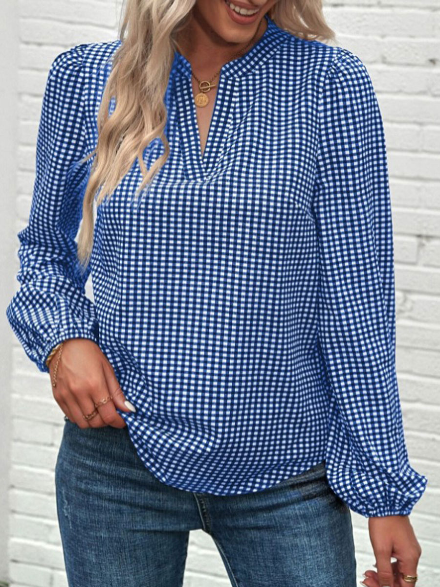 V-neck Casual Loose Check Print Chic Long Sleeve Blouse